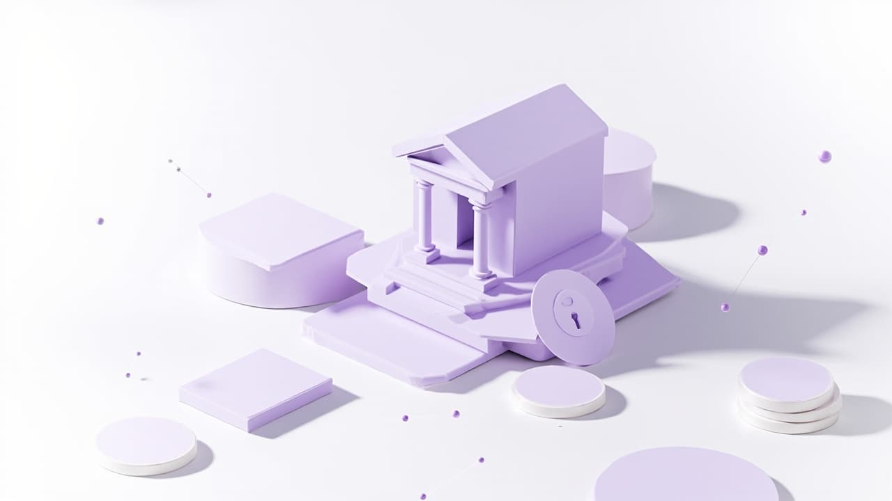 Isometric illustration of a Levitation BFSI platform with a bank, secure shield, coins and connected nodes