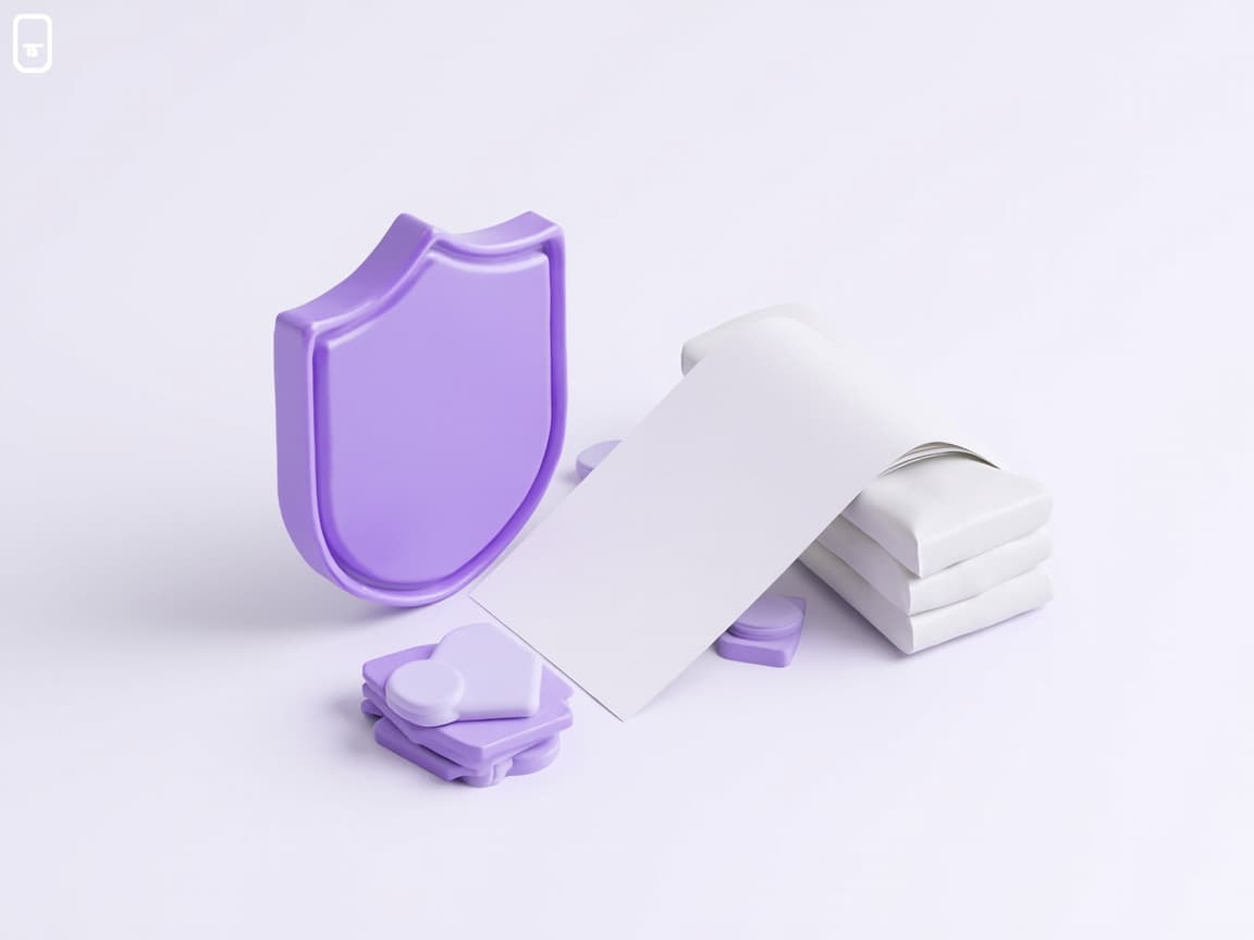 Isometric illustration of insurance with a shield, a policy document and coins