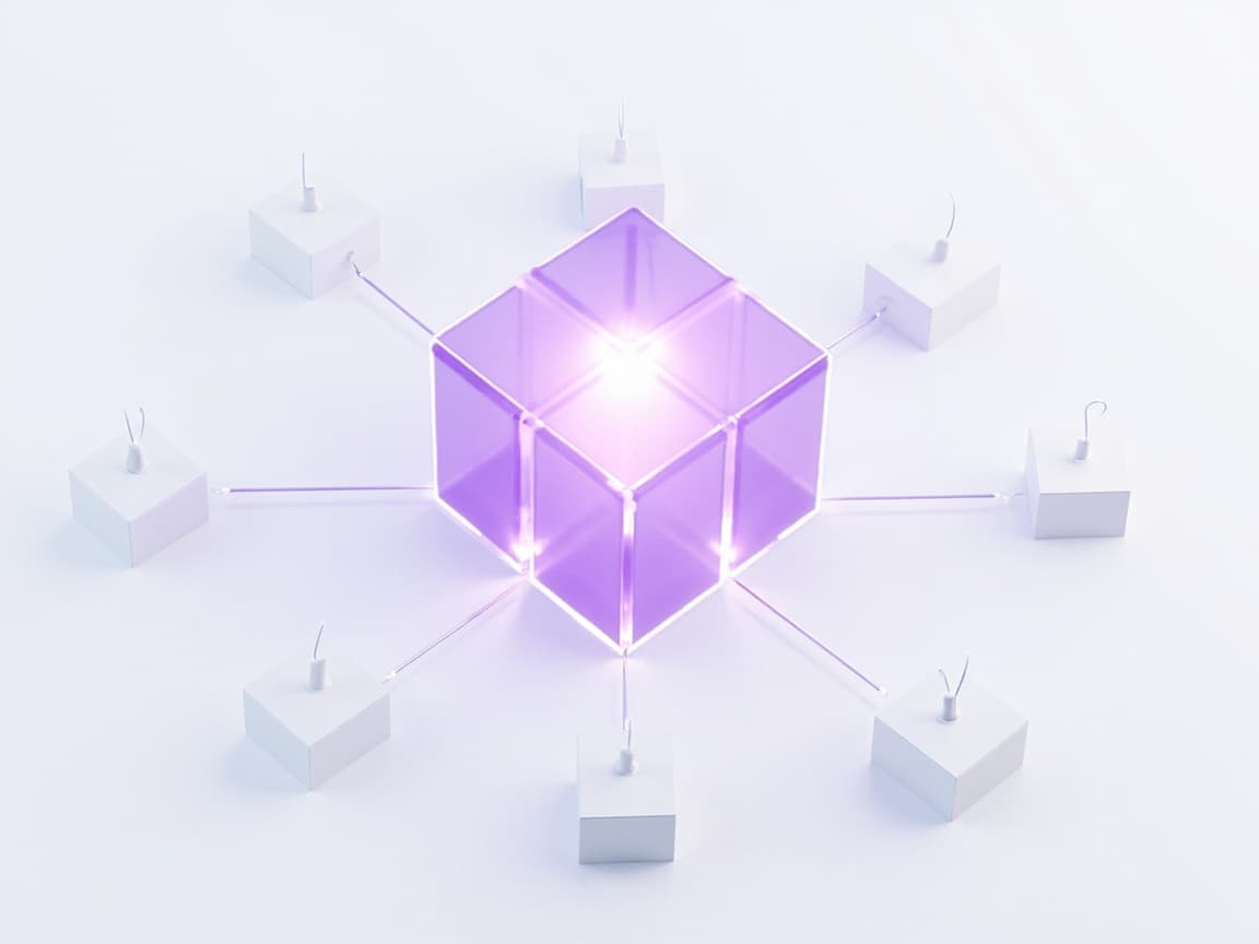 Isometric illustration of supply-chain AI with a core node linked to boxes and location pins