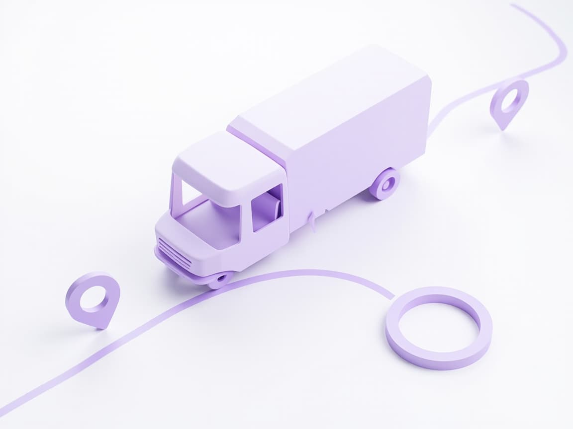 Isometric illustration of fleet management with a truck on a route and location pins