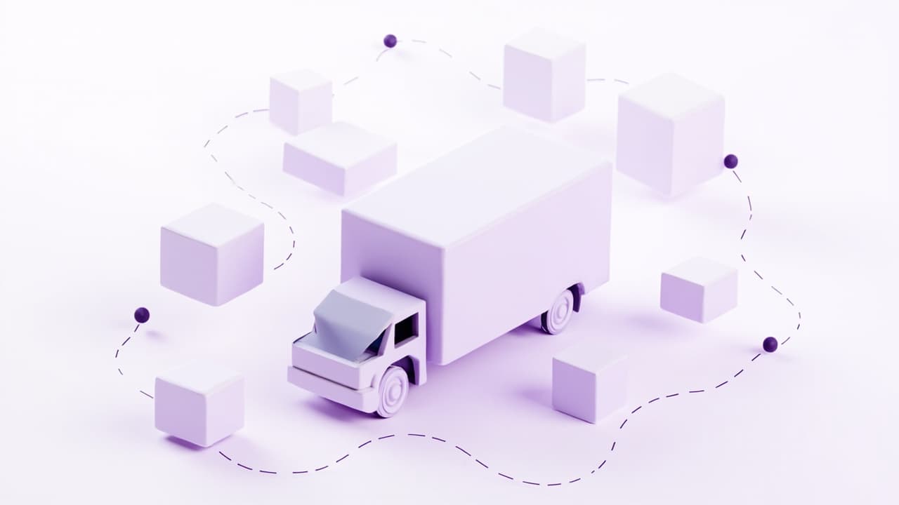 Isometric illustration of a Levitation logistics platform with a truck, parcels, a route and connected nodes
