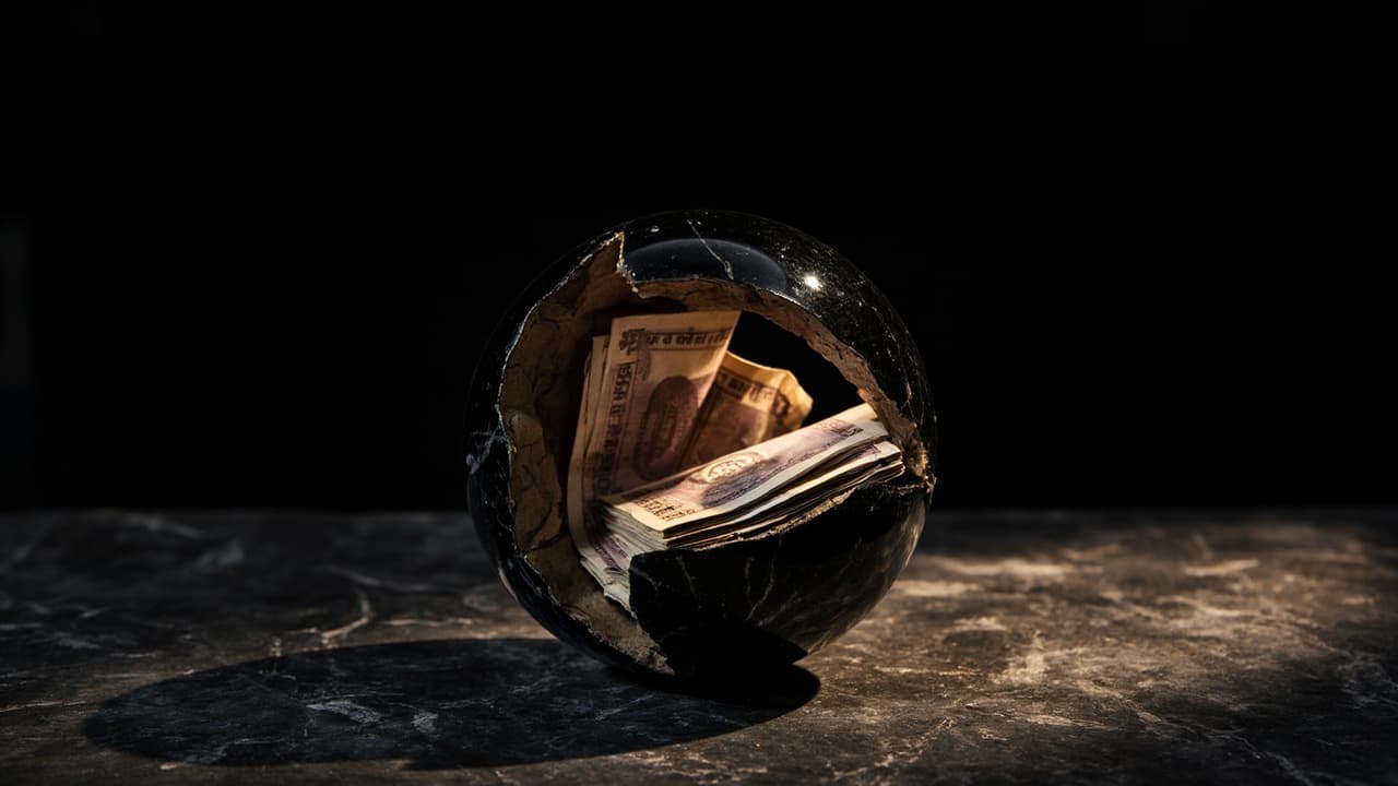 Your ₹12 Lakh 'Custom' CRM Quote in Noida Buys a ₹3.8 Lakh Build — illustration depicting A polished black marble paperweight cracked open on slate, revealing a hollow cardboard core stuffed with folded Indian rupee notes