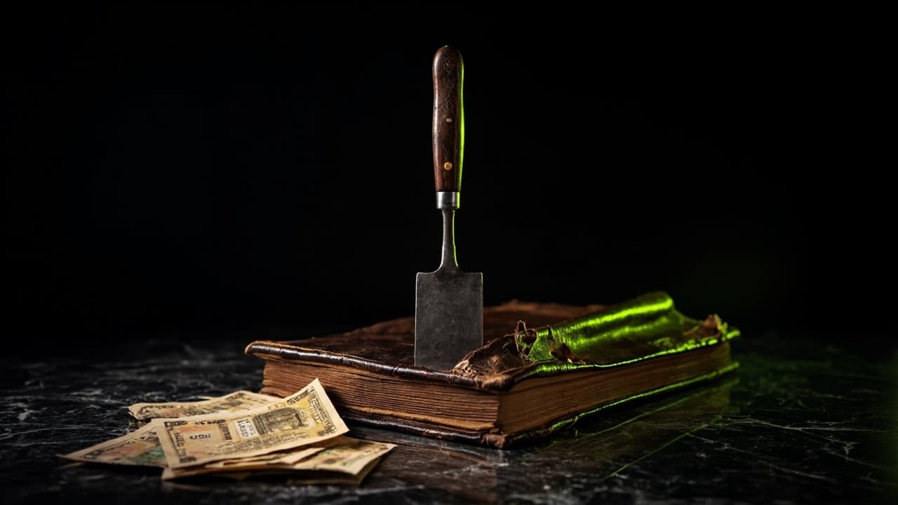 ₹14 Lakh Custom ERP Beats ₹1.1 Crore SAP — illustration depicting A hand-forged steel chisel standing upright in a cracked, gold-stamped leather ledger, scattered Indian rupee notes resting on black marble