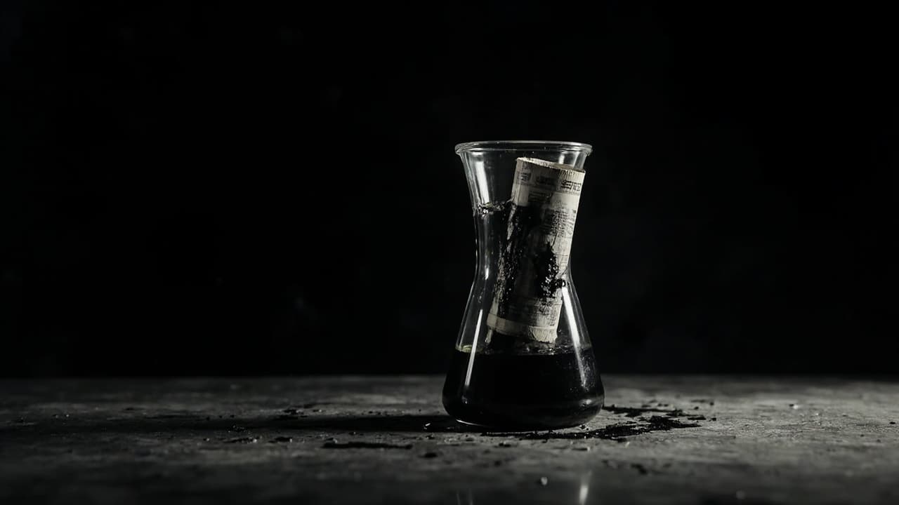 The ₹18 Lakh ERP Surprise Six Months In — illustration depicting A glass beaker holding a tight roll of Indian rupee notes, black ink seeping slowly upward from the base and staining the currency from within