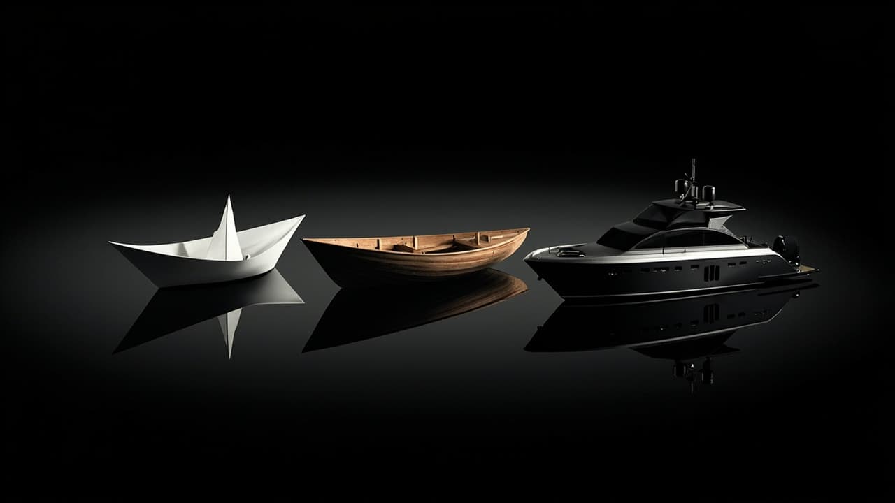 ₹3 Lakh, ₹8 Lakh, and ₹20 Lakh App Quotes Build Three Different Products — illustration depicting A fragile paper boat, a hand-carved wooden skiff, and a polished steel yacht rest side by side on the same still black water
