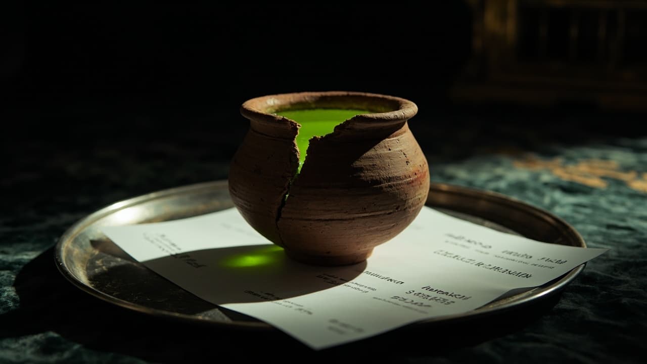 ₹3L Developer vs ₹80K Agency: The Noida Decision Trap — illustration depicting A cracked terracotta matka with a hairline fracture, clear water seeping through the clay and darkening a crisp white invoice paper spread on a steel tray beneat