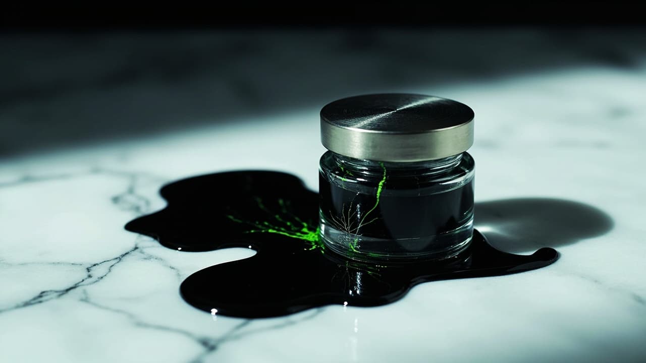 Your ₹5 Lakh AI Agent Quote Hides a ₹9 Lakh Bill — illustration depicting A small sealed glass jar with a hairline crack, dark ink steadily leaking out to form a large spreading pool on a white marble surface