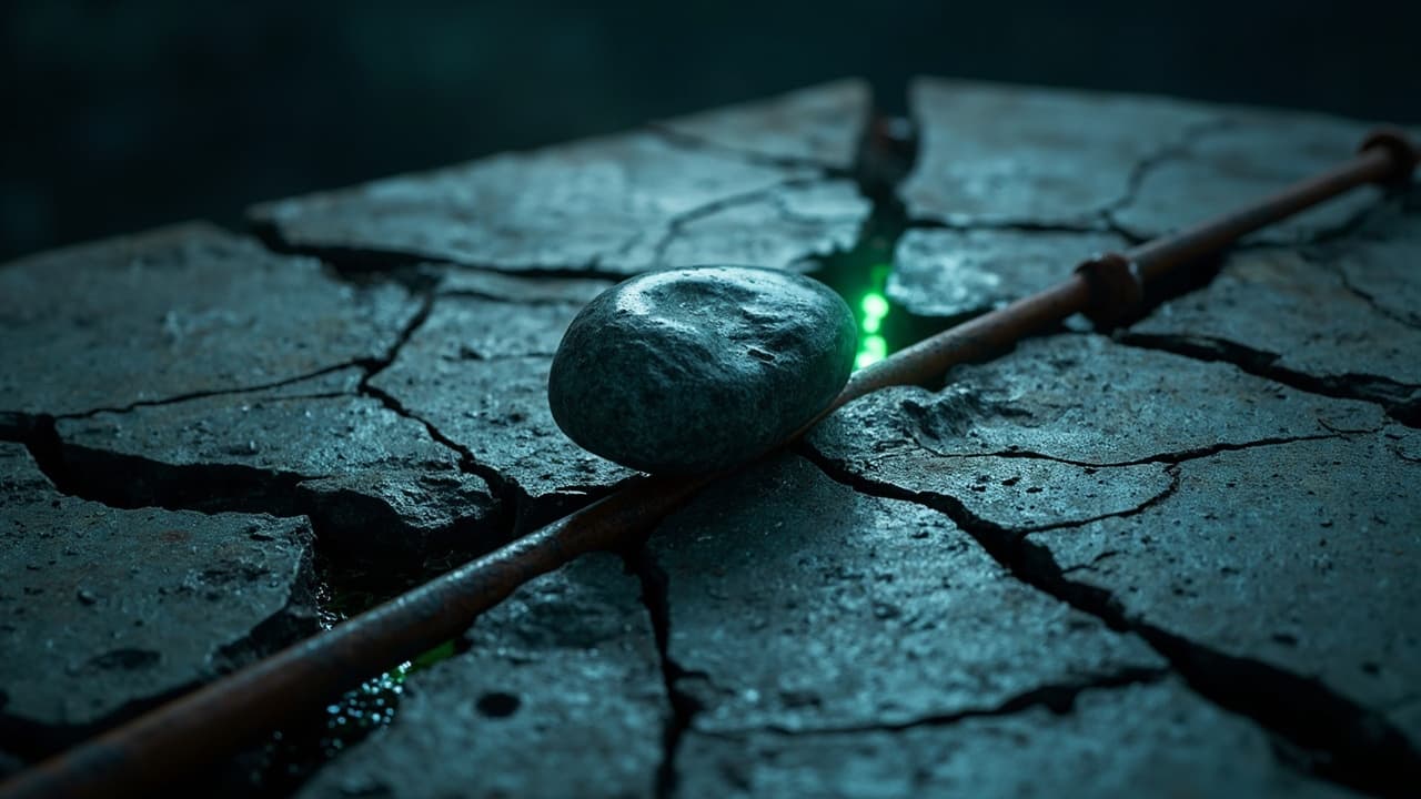 Your ₹5 Lakh AI Pilot Won't Reach Production for ₹32 Lakh — illustration depicting A polished river stone balanced on a cracked concrete slab, with rusted rebar and dark water seeping from the fissures below