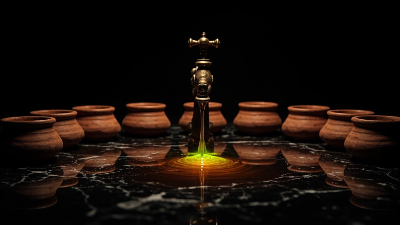 Your ₹5 Lakh Chatbot Speaks English. India Speaks 12 Languages. — illustration depicting A tarnished brass tap drips a single stream of amber liquid onto black marble, ringed by twelve empty hand-thrown terracotta pots from different Indian