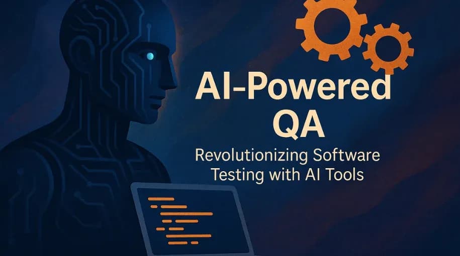 A robot with glowing eyes beside a laptop showing code, with floating gears and text: “AI-Powered QA: Revolutionizing Software Testing with AI Tools.”
