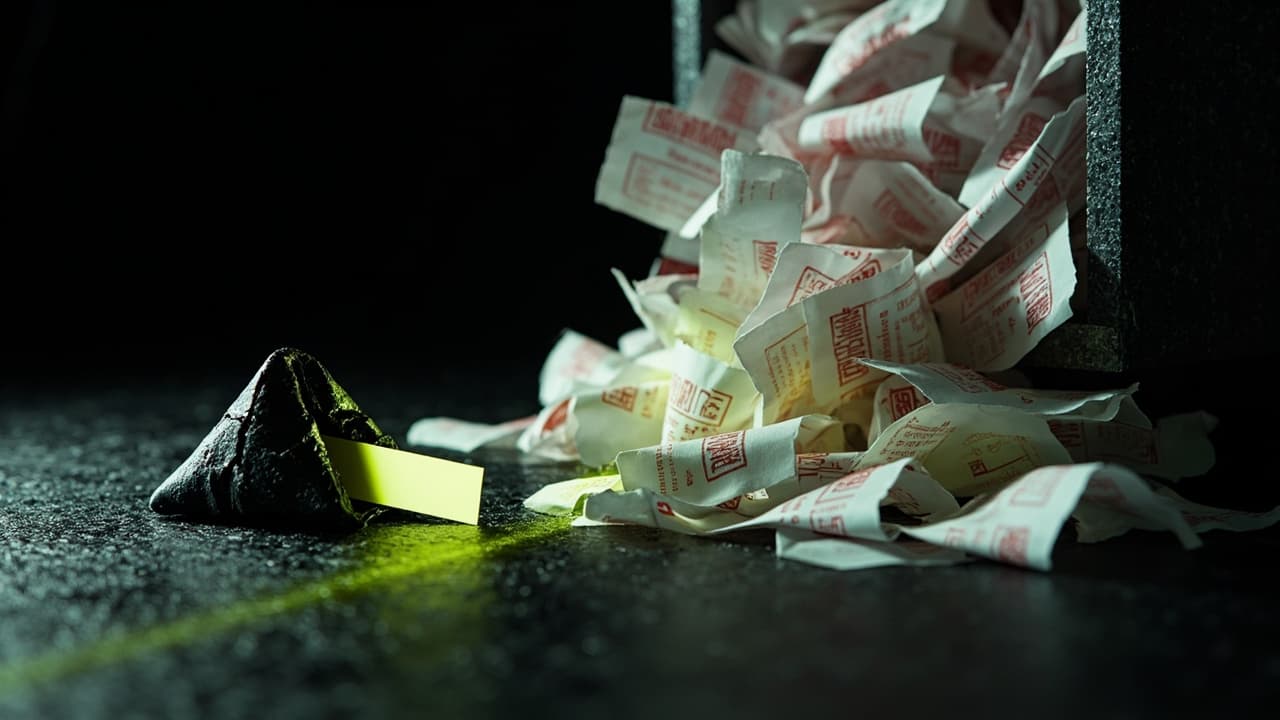 AI Cost Forecasts Miss by Wide Margins. Enterprise Survey Data. — illustration depicting A cracked fortune cookie spills a tiny prophecy slip, dwarfed by a towering avalanche of red-stamped invoices spilling from a tipped filing cabinet