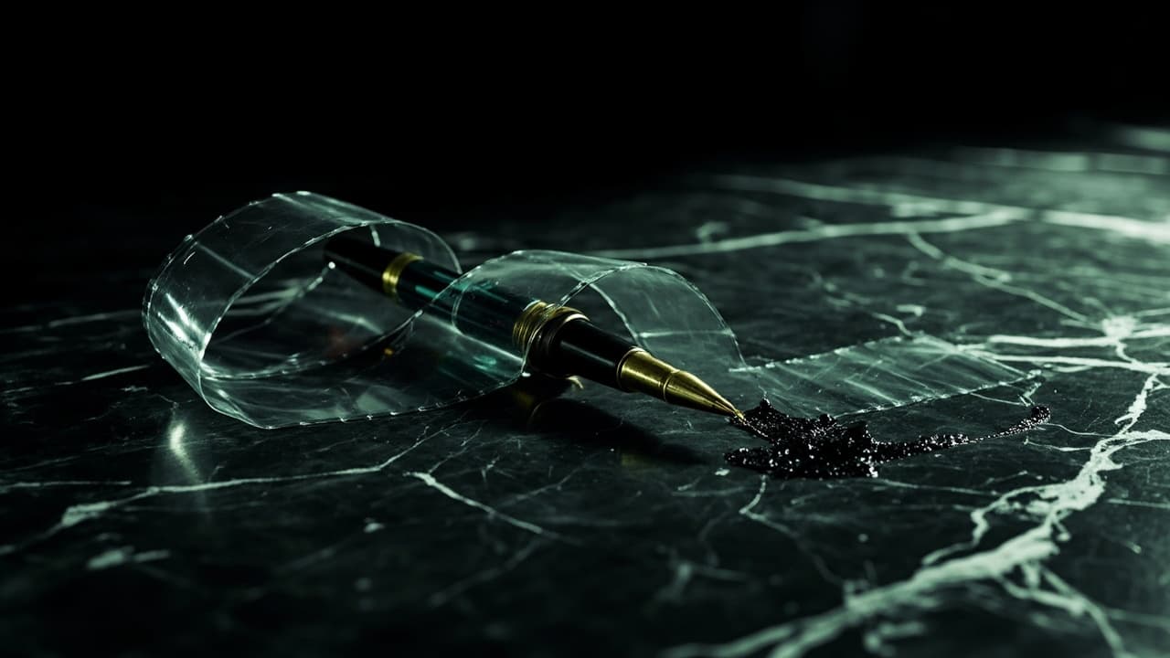 AI Cuts Radiology Read Time. The Hidden Cost Is at Sign-Off. — illustration depicting A long x-ray film unspooling across a white surface, ending where a cracked glass pen weeps black ink onto the final frame