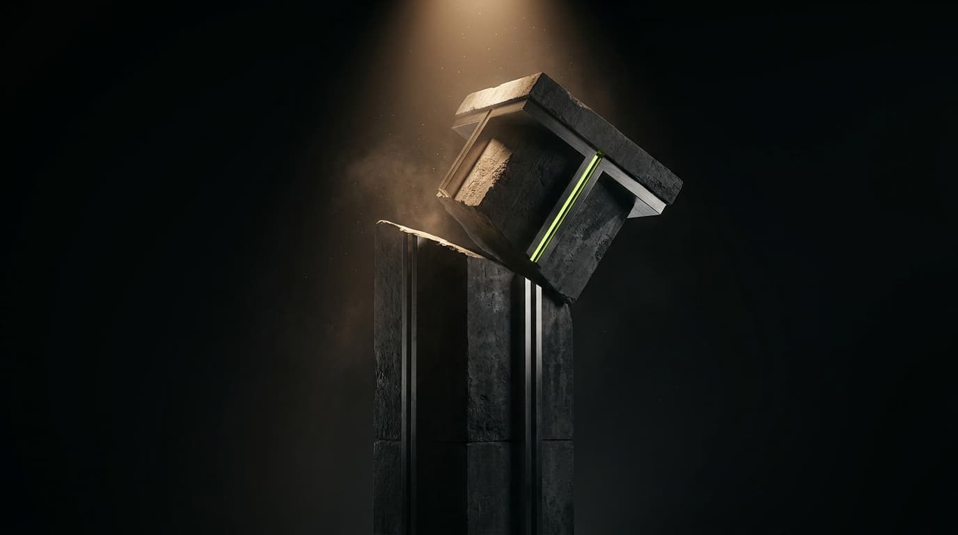 41% of AI Deployments Revert in 48 Hours. Here's Why. — illustration depicting A white marble column with a clean horizontal fracture at its capital, the upper section tilted forward, fine dust drifting in a single light beam