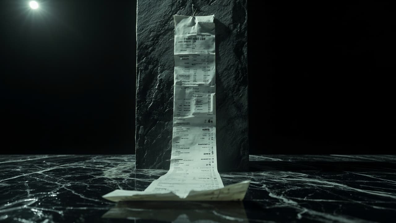 AI Killed the $400 SaaS Seat. Your $4,000 Inference Bill Came Next — illustration depicting A small folded $400 receipt pinned high on a concrete wall, a towering itemized invoice unfurling across polished black marble below