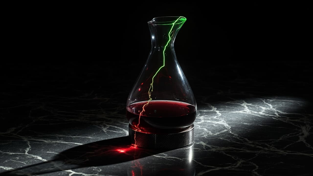 Your AI Will Outage Differently Than Your Microservices — illustration depicting A flawless crystal decanter of red wine on black marble, a hairline fracture from rim to base, wine weeping imperceptibly down its gleaming side
