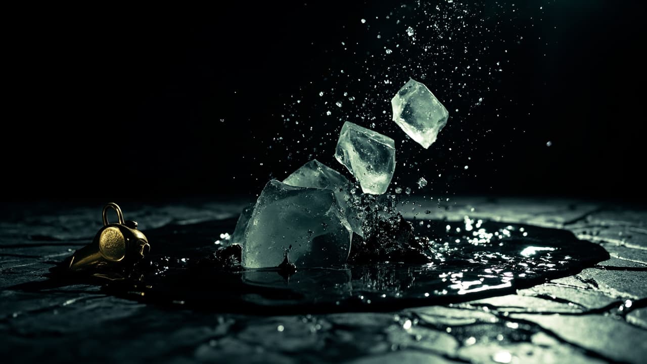 The AI Pipeline Orchestration Problem Airflow Can't Solve — illustration depicting Glass mobile fragments suspended in mid-collapse above spreading black oil on slate, a brass conductor's whistle lying silent at the edge