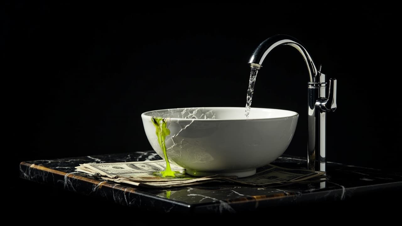 AI Scribes Cut 40 Minutes. They Also Broke Your Revenue Cycle. — illustration depicting A cracked porcelain basin beneath a gleaming chrome faucet, water rushing in fast but a hairline leak steadily staining a stack of crisp bills below