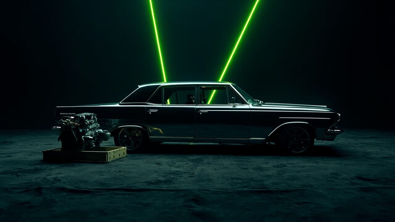 Your AI Vendor's Reference Customers Are Running Different Models — illustration depicting A chrome-detailed showroom sedan under bright spotlights has its hood welded permanently shut, while a stripped older engine block sits exposed in a 