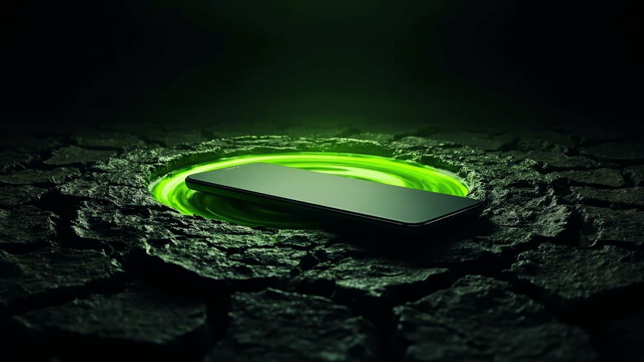 How Android Turns a Billion Phones Into an Earthquake Early-Warning Network — illustration depicting A single black smartphone lying on cracked dry earth, a hairline shockwave racing outward in a perfect concentric circle from beneath its b