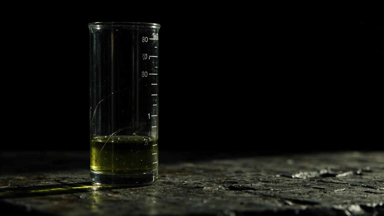 Claims AI Hit Its SLA. IRDAI's Reasonability Test Disagrees. — illustration depicting A glass graduated cylinder filled precisely to its mark, a hairline crack near the base revealing a faint amber stain under raking side-light