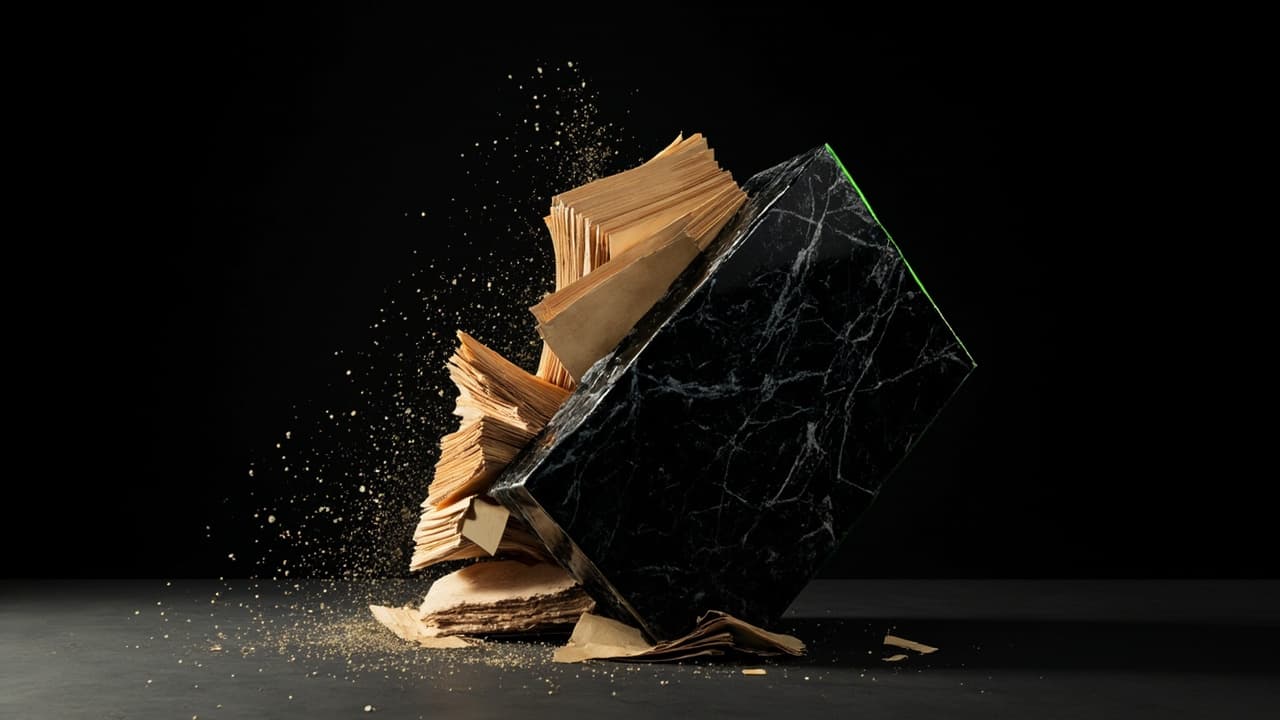 Cloudflare OS Just Killed Your AI Agent Workspace Stack — illustration depicting A polished obsidian monolith mid-crash into a splintering Jenga tower of manila file folders, paper dust frozen in air