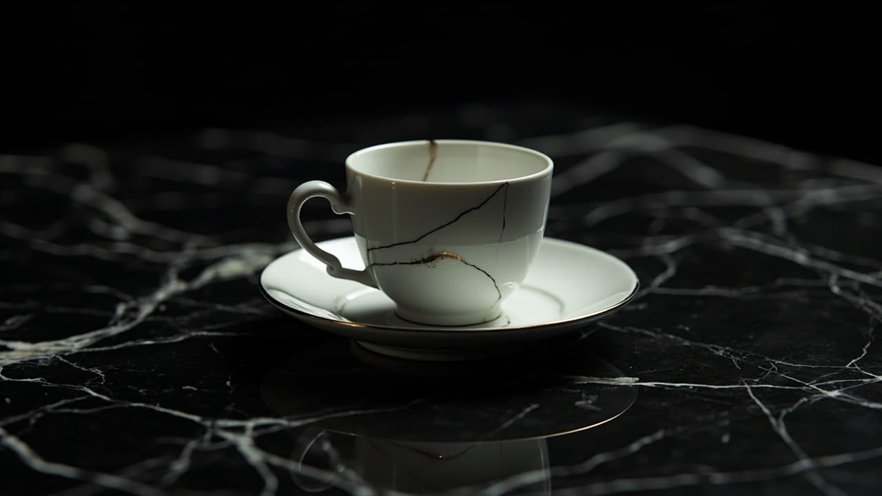 Past 60 Users, Your ERP Vendor Is Lying to You — illustration depicting A hairline-cracked porcelain teacup, still elegantly presented on a silver saucer, bleeds dark ink through invisible fractures onto black marble