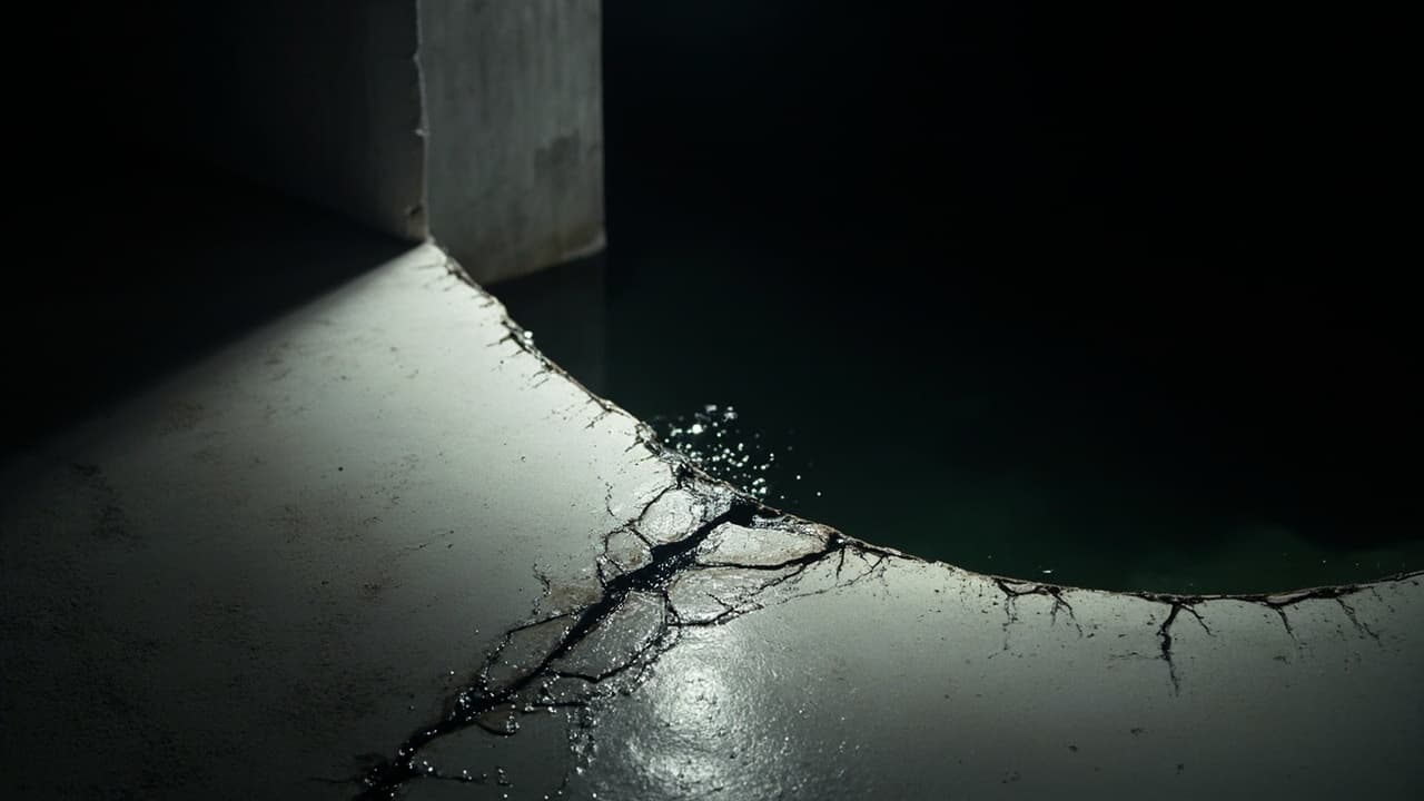 Why Event-Driven Banking Wins Demos and Fails in Production — illustration depicting A flawless white porcelain dam holding back black water, with hairline fractures seeping thin dark streams across a polished concrete floor
