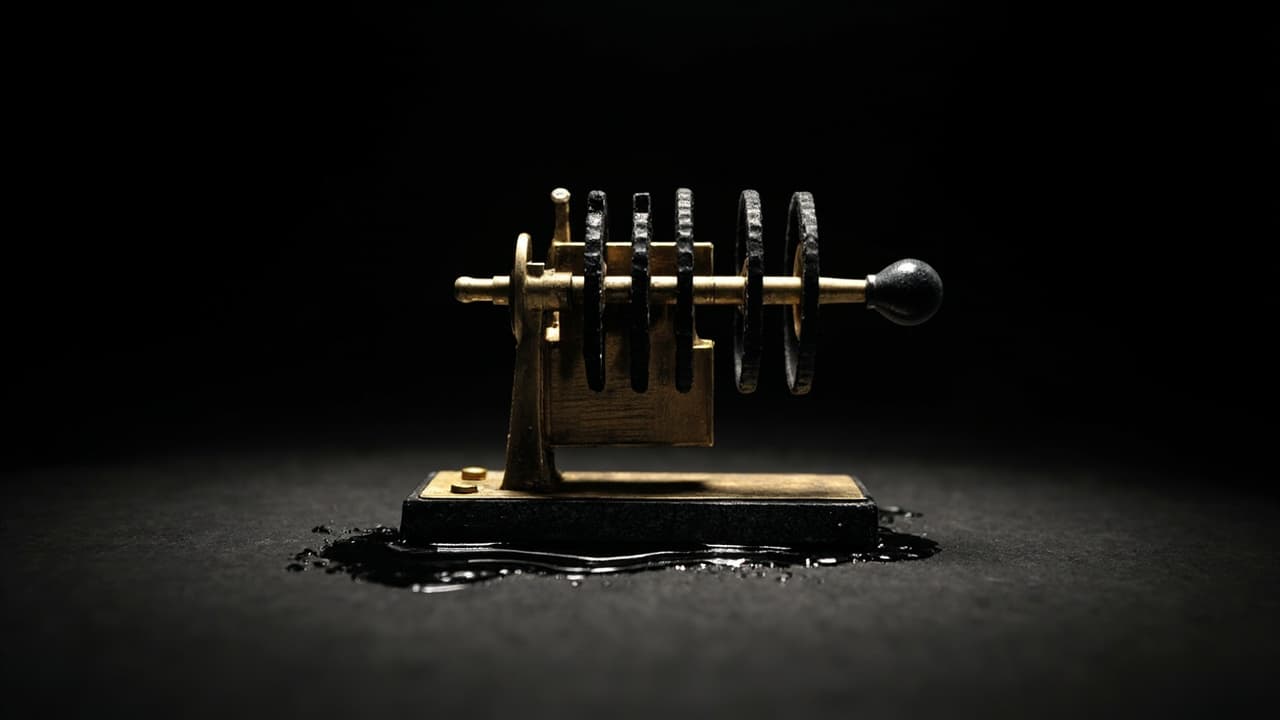 Your FinOps Tool Counts VMs, Not AI Workloads — illustration depicting A brass hand-cranked tally counter with a jagged obsidian shard jammed between its numbered wheels, black ink pooling at its base
