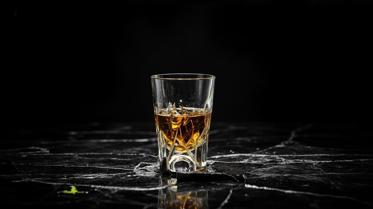 Why Fintech AI Cost Forecasts Always Break by Month 4 — illustration depicting A fine crystal tumbler with a single jagged crack near its base, amber liquid slowly seeping through the fissure onto polished black stone