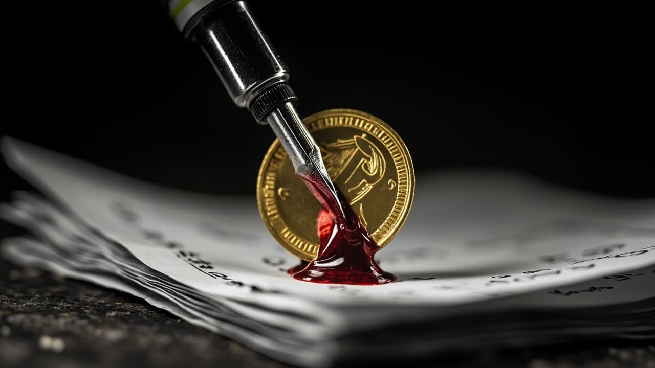 Your Fraud AI Cut Losses 40%. The Audit Bill Grew 35%. — illustration depicting A polished gold coin pinned through the center by a steel fountain pen, red ink bleeding down into a thick stack of audit printouts on a dark wooden desk