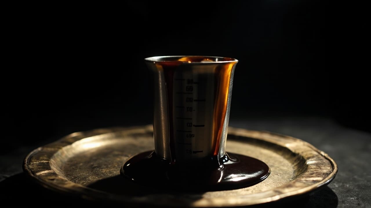 Why Your Generative AI Quote Will 2.5x in India — illustration depicting A small stainless steel tumbler etched with measurement notches, overflowing with thick, dark molasses that pools onto a worn brass plate