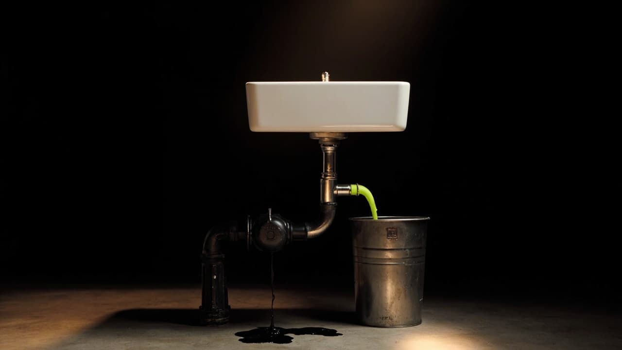 Your Image Scan Passed. The Init Container Started a Crypto Miner — illustration depicting A pristine porcelain sink bearing a wax inspection seal, its U-bend hiding a small black pump that slowly extracts dark residue into a steel bucket b
