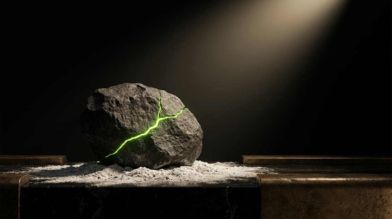 You Don't Need an Inference Orchestrator. Your Latency P99 Disagrees. — illustration depicting A single dark basalt stone, almost whole, with one thin fracture glowing faint amber against a bed of white ash