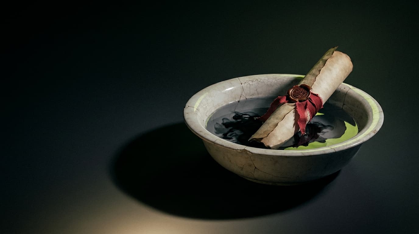 Your ISO 27001 Certificate Won't Pass a DPDP Audit — illustration depicting A perfect rolled certificate bound in red ribbon, half-submerged in a cracked porcelain basin, dark ink bleeding from the paper into still water