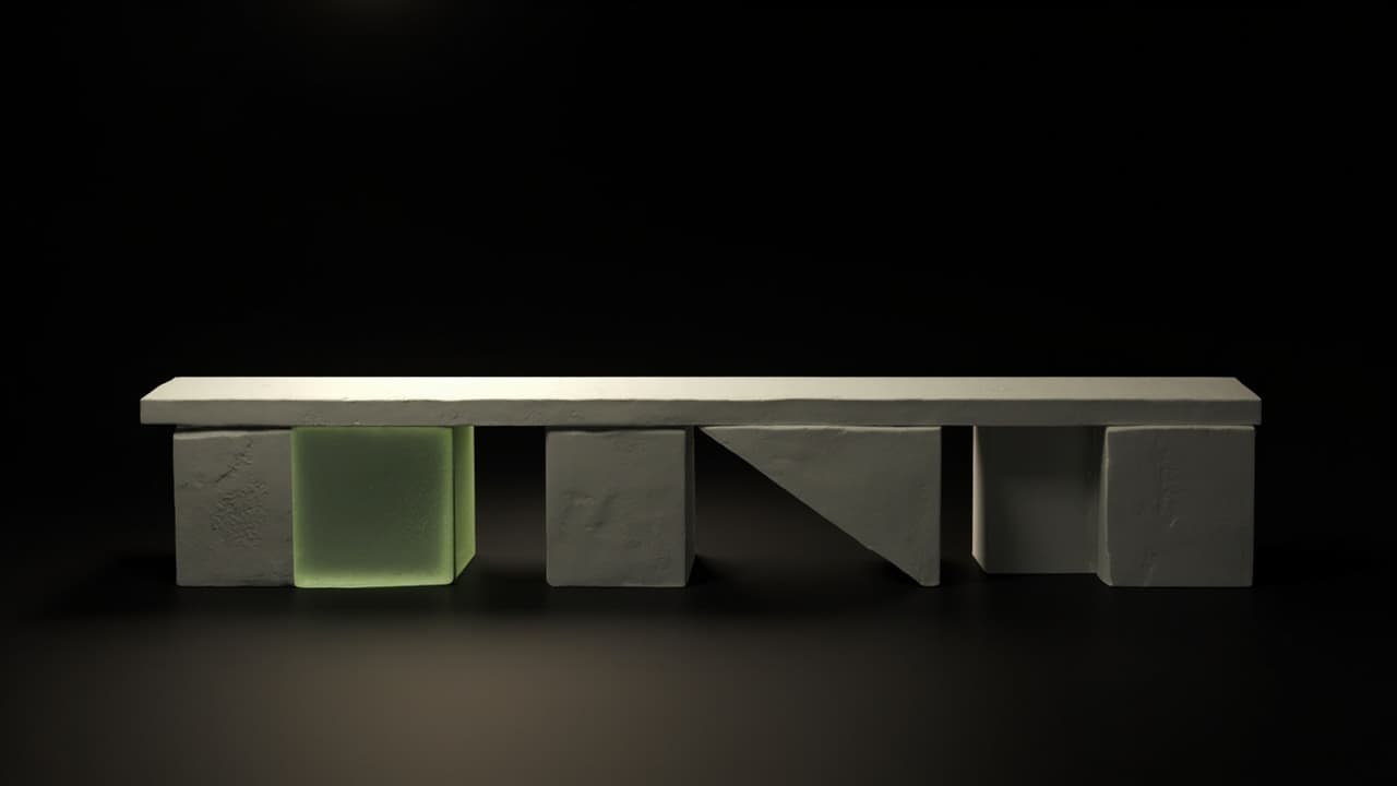 Your Model Didn't Break. The Feature Contract Did. — illustration depicting A matte-white ceramic bridge assembled from mismatched interlocking slabs, its clean central seam splitting the span against a black backdrop