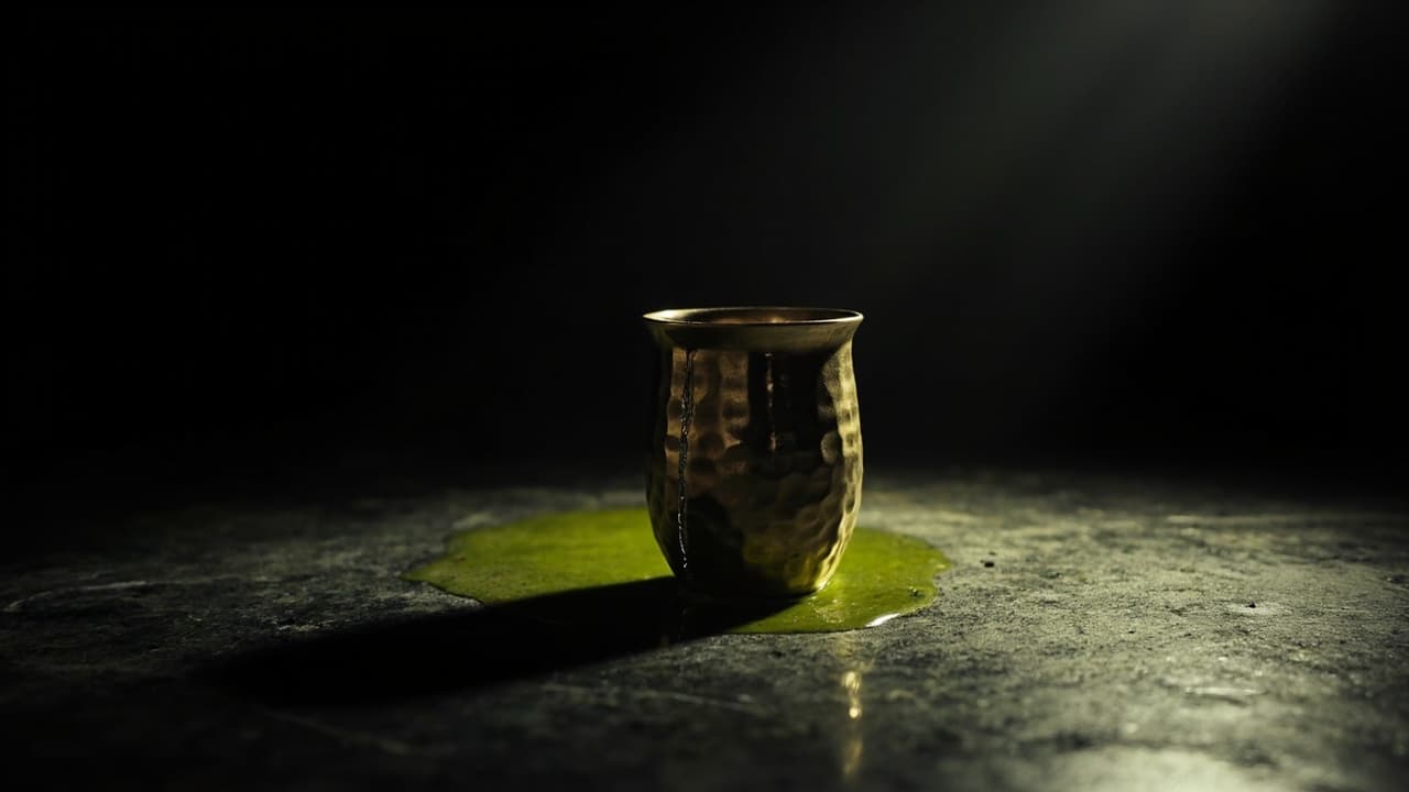 Your Noida Dedicated Team Costs 40% More Than You Track — illustration depicting A brim-full brass tumbler with a hairline crack down its hammered side, releasing a near-invisible thread of water onto dark stone