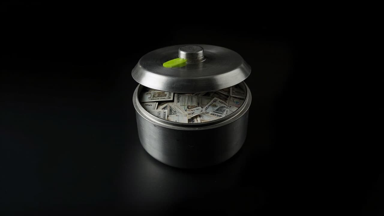 Your ₹8 Lakh Noida ERP Quote Hides 6 Modules in Phase Two — illustration depicting A stainless steel masala dabba lifted open to reveal dozens of hidden compartments beneath its seven visible ones, each cradling a tight bundle of crisp Indi