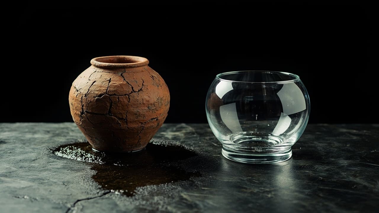 Why Noida's Founders Are Quietly Replacing Odoo With Custom ERP — illustration depicting A cracked terracotta pot weeping dark water, set beside a seamless custom-blown glass replica of the same shape on wet slate
