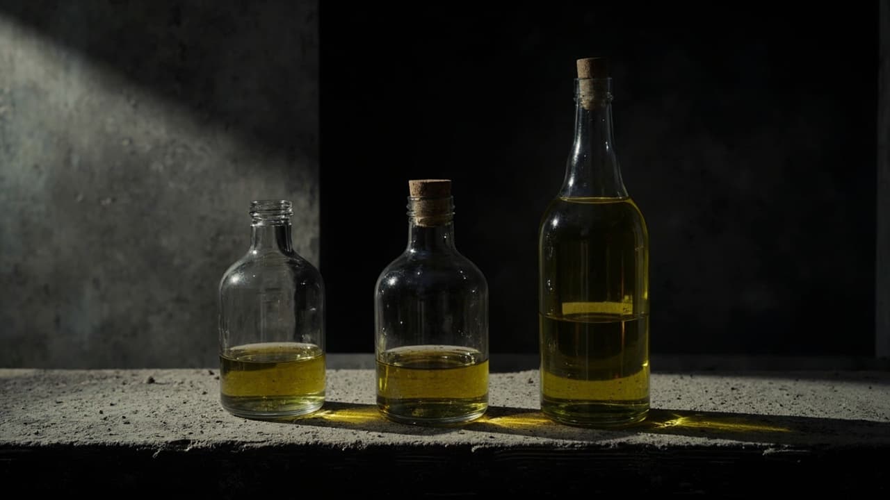Why Three Noida Dev Quotes Differ by ₹22 Lakh — illustration depicting Three identical clear glass bottles on a dusty wooden shelf, each filled to a different level with golden oil, one nearly empty