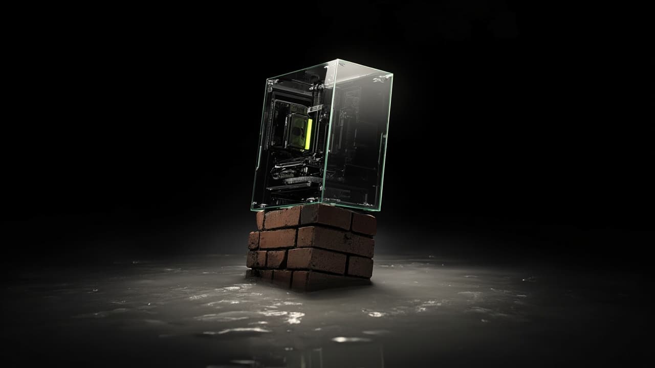 Your Noida Software Demo Runs on AWS. Production Goes on a Cheap Dedicated Server. — illustration depicting A pristine glass server tower tilting on a single cracked terracotta brick half-submerged in murky floodwater