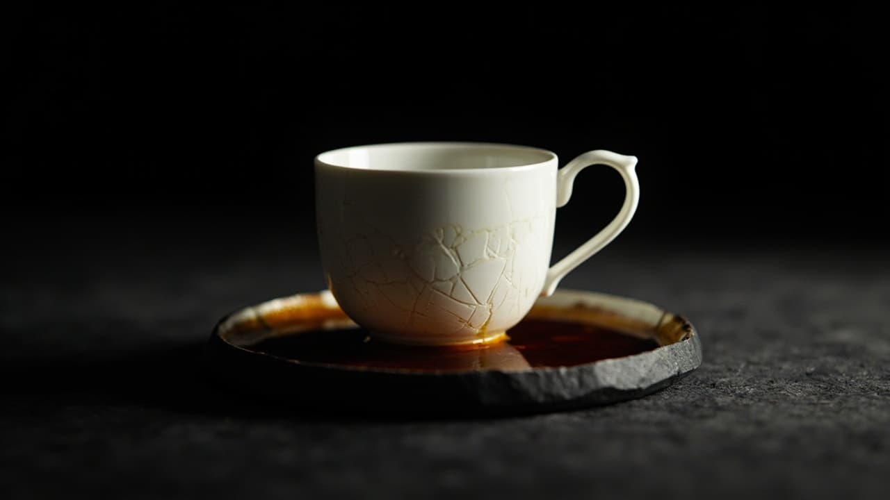 Odoo's ₹1,250 Seat Looks Cheap. Your Bill Has Six Hidden Line Items. — illustration depicting A fine bone-white porcelain teacup with hairline fractures, amber liquid slowly seeping through and pooling into a dark stain on a matte slate sau