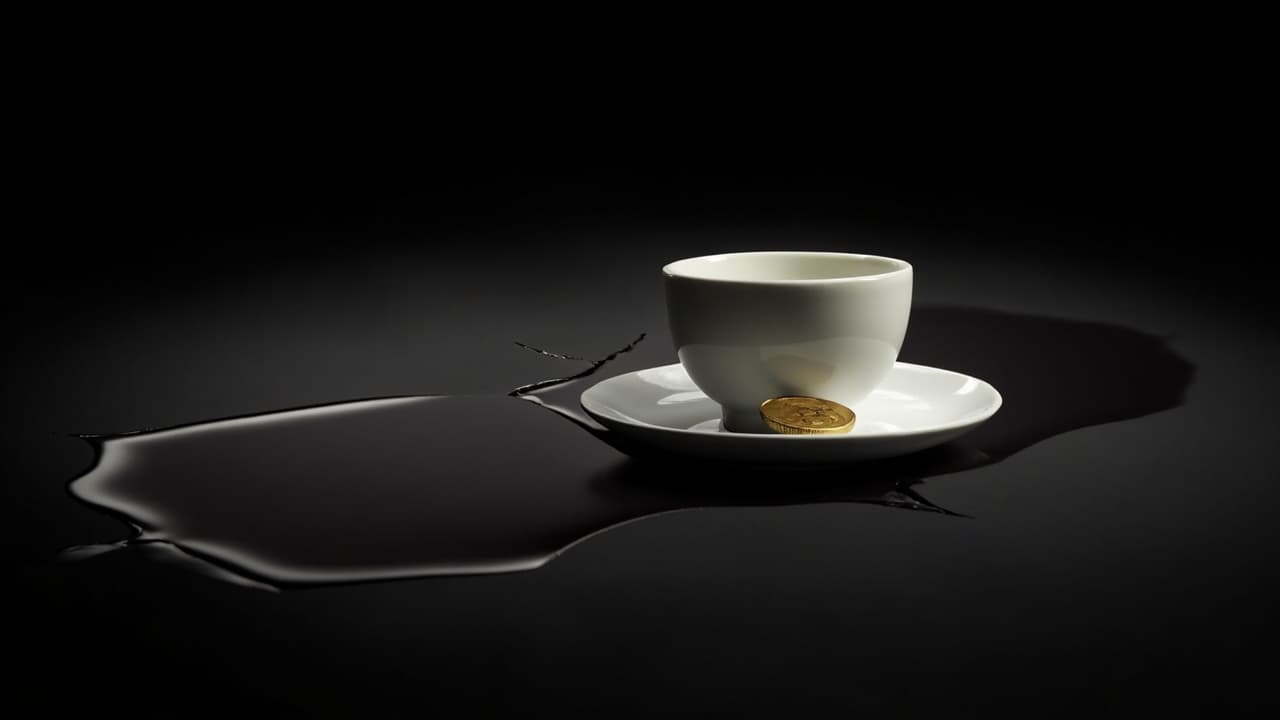 Your ₹1L/Month React Developer in Noida Just Cost You ₹2.4L — illustration depicting A single rupee coin balanced on a cracked white ceramic saucer, dark wine seeping from a hairline fracture into a pool more than twice the saucer's width