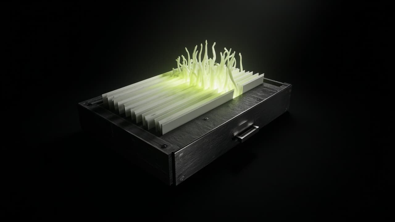 Your Registry Lists 6 Models. Engineers Built 200. — illustration depicting An open card catalog drawer of six typed index cards, its back panel split to spill hundreds of pale fungal stalks into the wall