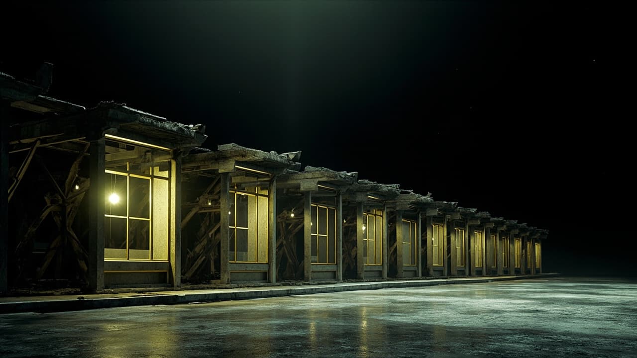 8 of 10 Salesforce 'Partners' in India Are Just Resellers — illustration depicting Ten identical brass-fronted storefronts along a polished granite arcade, eight propped up by raw wooden beams with only dust and a bare bulb behind