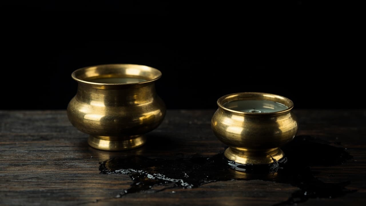 Same CRM Build, ₹6L to ₹40L: What 18 Indian Vendors Won't Explain — illustration depicting Two identical brass lotas on polished teak, one brimming with still water, the other seeping from a hairline crack and staining the wood black
