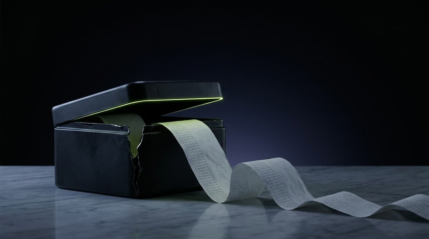 SEBI's Audit Trail Mandate Quietly Killed Black-Box Trading AI — illustration depicting A matte black box cracked open along its seam, spilling a continuous strip of receipt paper covered in tiny printed timestamps across a marble desk