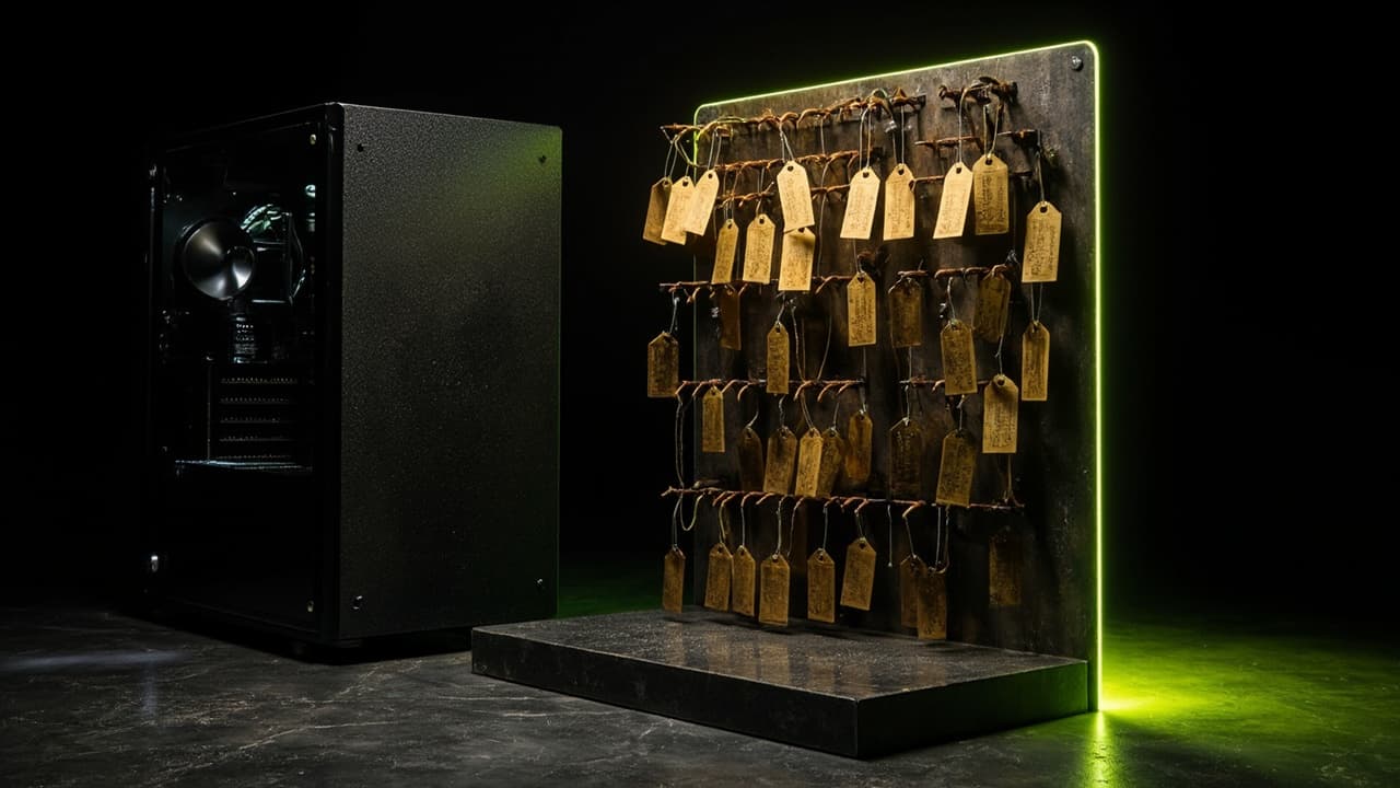 We Tagged 240 AI Workloads. FinOps Missed 68% of GPU Spend. — illustration depicting 240 brass price tags hang from a steel pegboard, two-thirds twisting blank and empty beside a black GPU tower dripping condensation