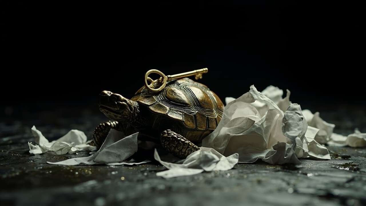 Tokenmaxxing Is Making Your AI Coders 30% Slower — illustration depicting A bronze tortoise carrying a single gold key, buried mid-stride under a spilling cascade of crumpled white paper receipts on wet slate
