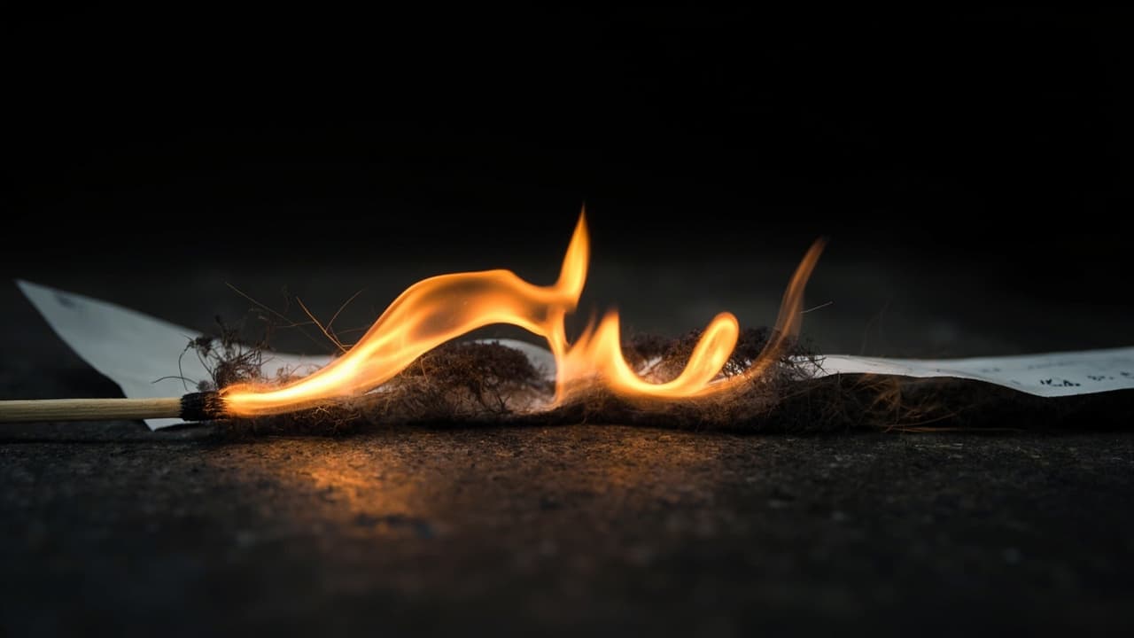 We Tracked LLM Costs From 100K to 100M Tokens. The Curve Is Brutal — illustration depicting A lit match igniting a long paper receipt, the fire exponentially racing along its length into curling black ash on cold concrete