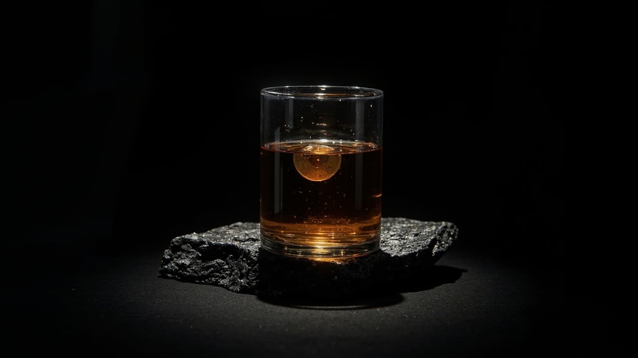 70% Can't Prove AI ROI. Here's What to Measure Instead. — illustration depicting A sealed glass cylinder on black basalt, filled with dark amber resin, one thin gold coin suspended in the middle, legible only from directly above